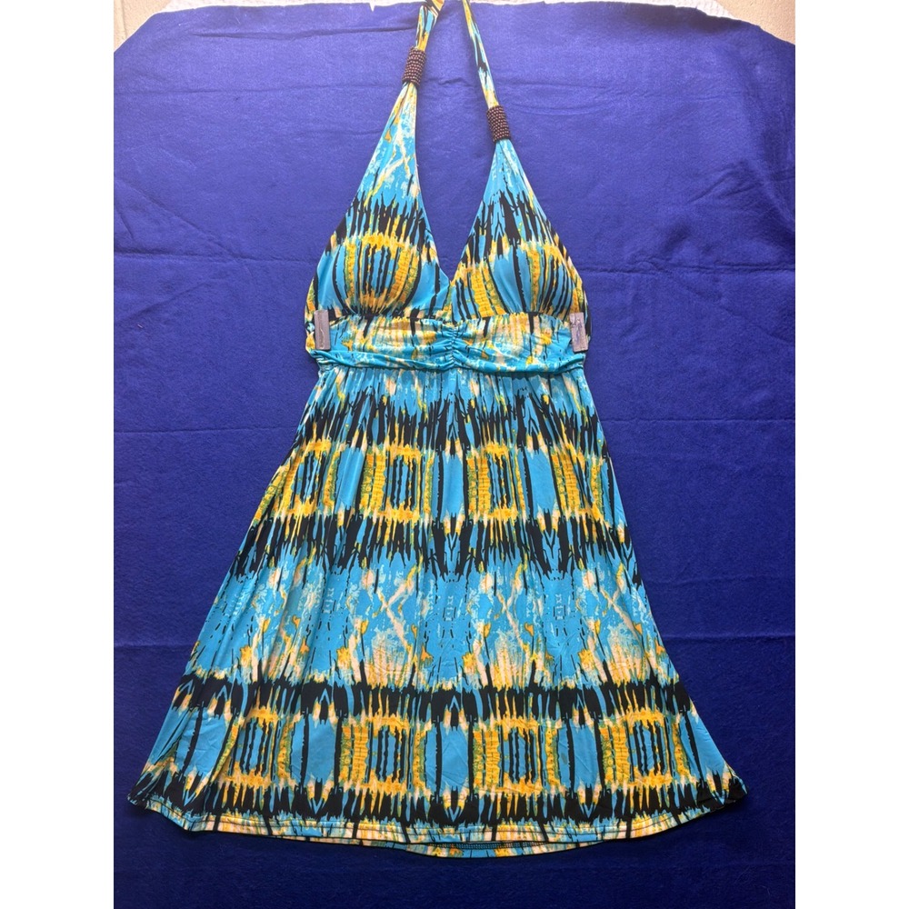 [Indie Sleaze] Womens Mesmera Halter Sun Dress L Blue Yellow Abstract Ikat